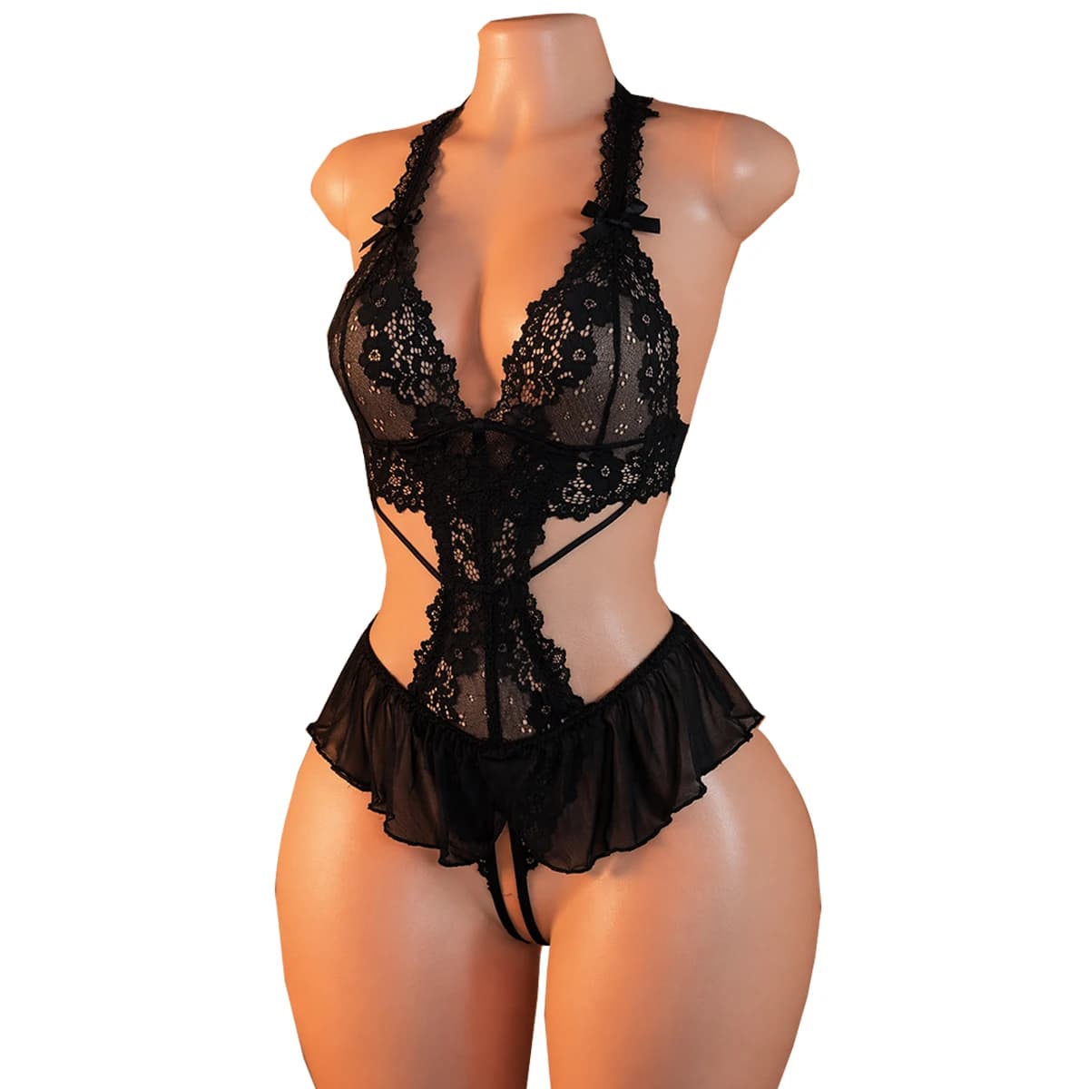 Lace Halter Neck Teddy Bodysuit Sexy Deep V Neck Hollow Out Crotchless Frill Lingerie