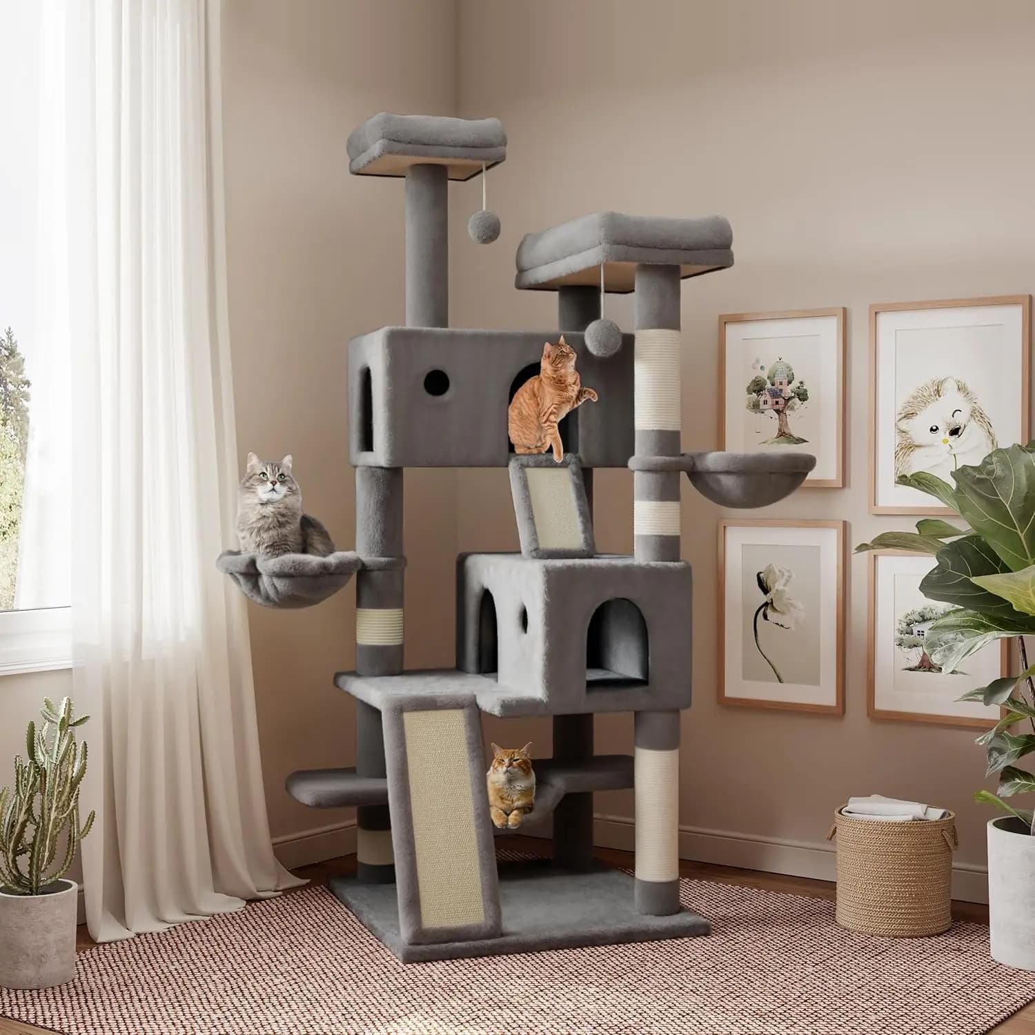 Albero per Gatti Grande da 65 Pollici con Piattaforme Multi-Livello, Tiragraffi, Amaca e Base Larga per Gatti da Interno - Grigio