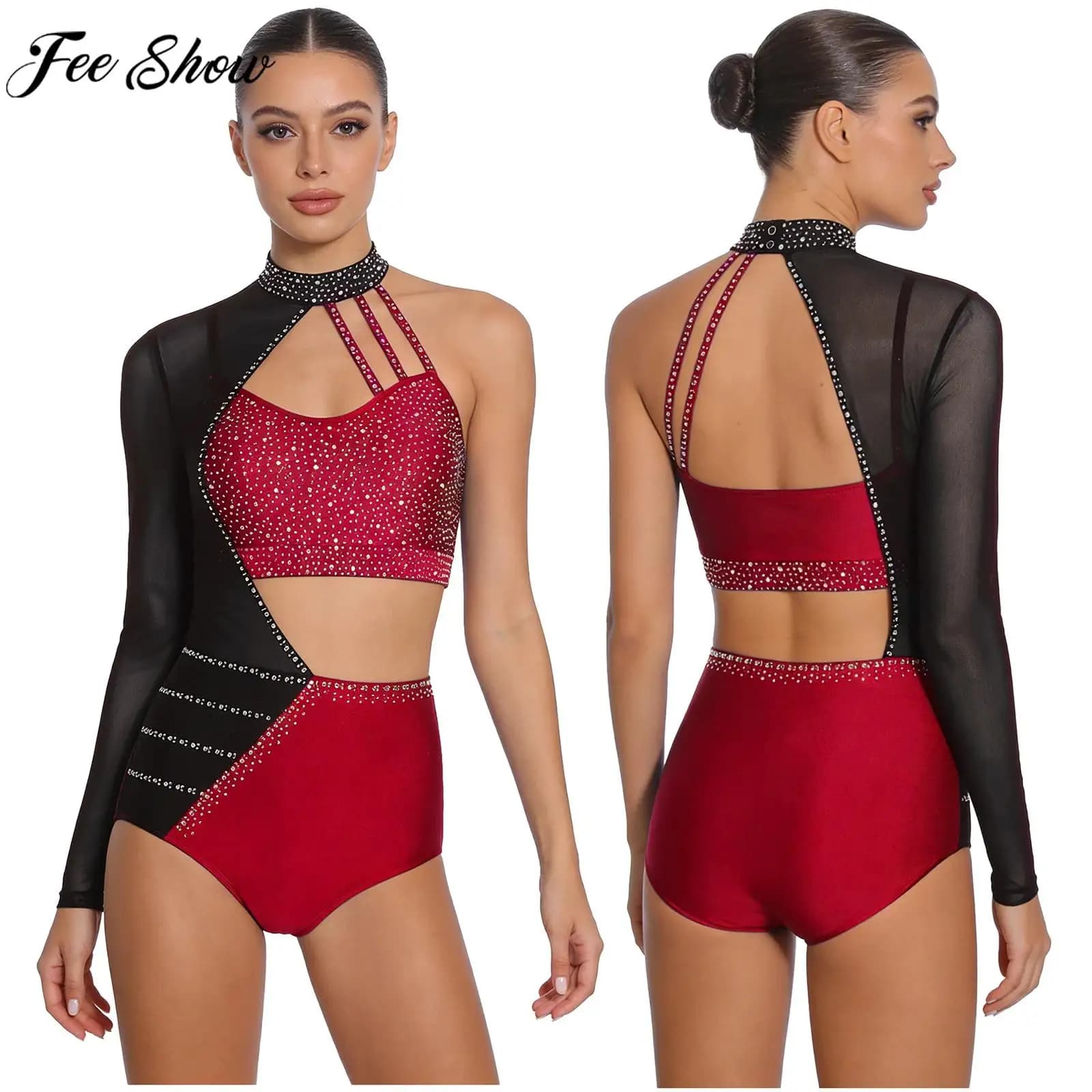Body da Donna per Pattinaggio Artistico, Ginnastica, Danza Classica, Danza Latina, Tango, Cha-cha, Rumba, Samba, con Strass e Inserti in Rete