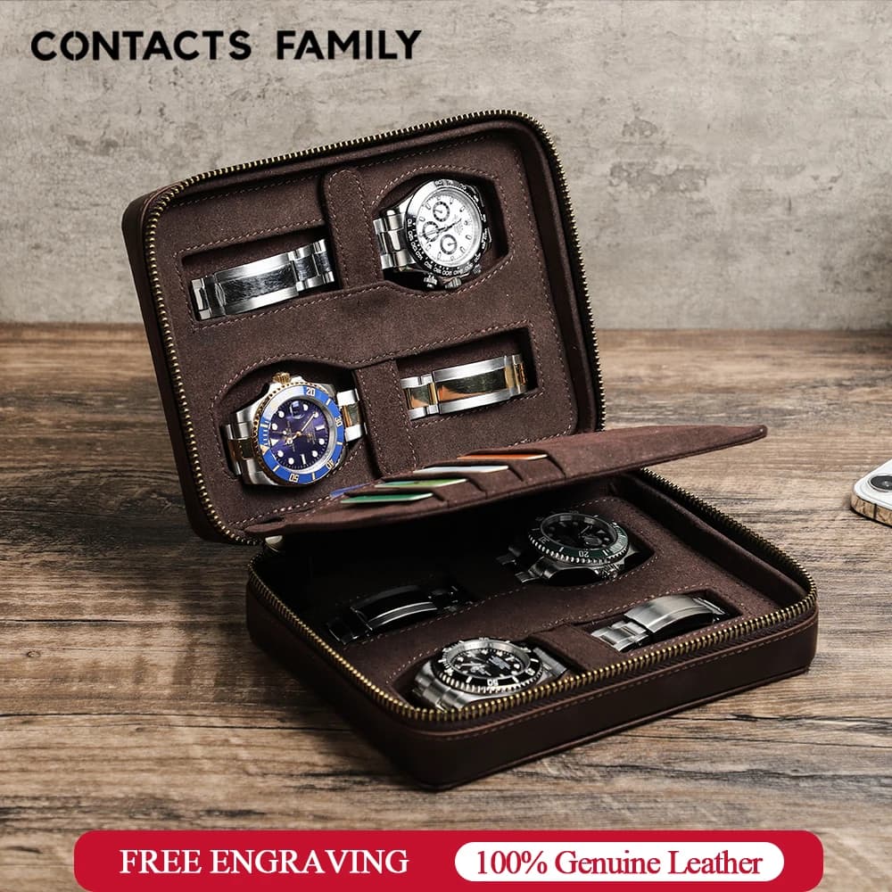 Custodia per orologi in vera pelle con 4 slot, vetrina per orologi, organizer per orologi, custodia per collezionisti di orologi da viaggio con cerniera, con tasca porta carte
