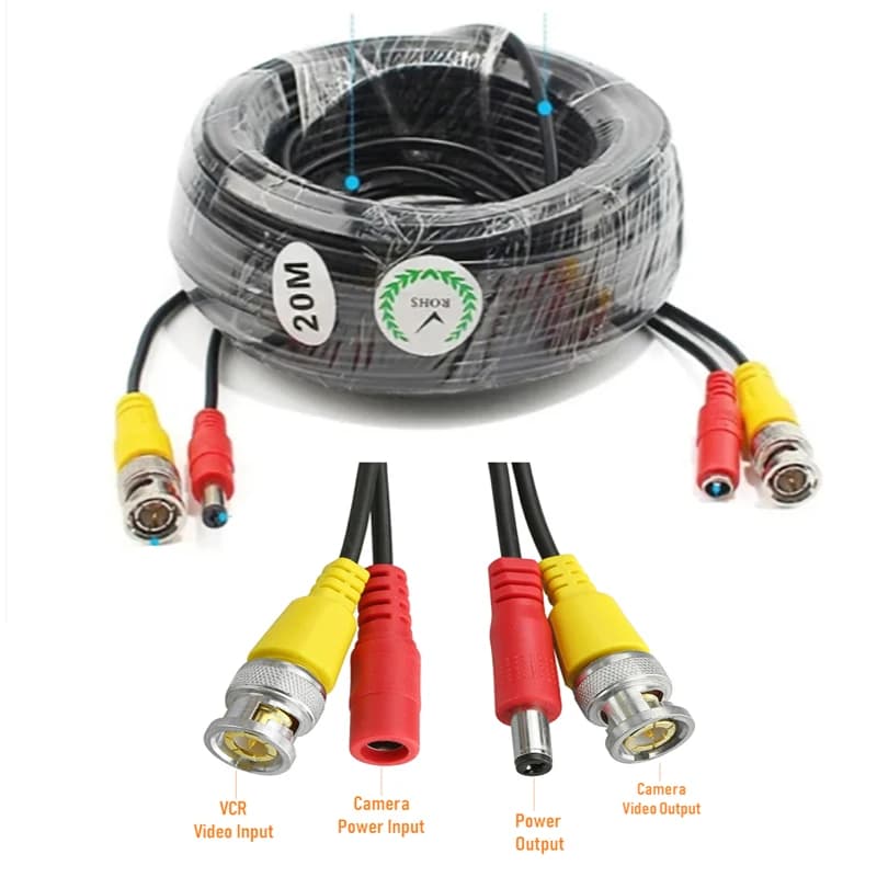 Cavo Video e Alimentazione Siamese BNC RG59 da 20M per Telecamere di Sicurezza CCTV, Prolunga per Cavi