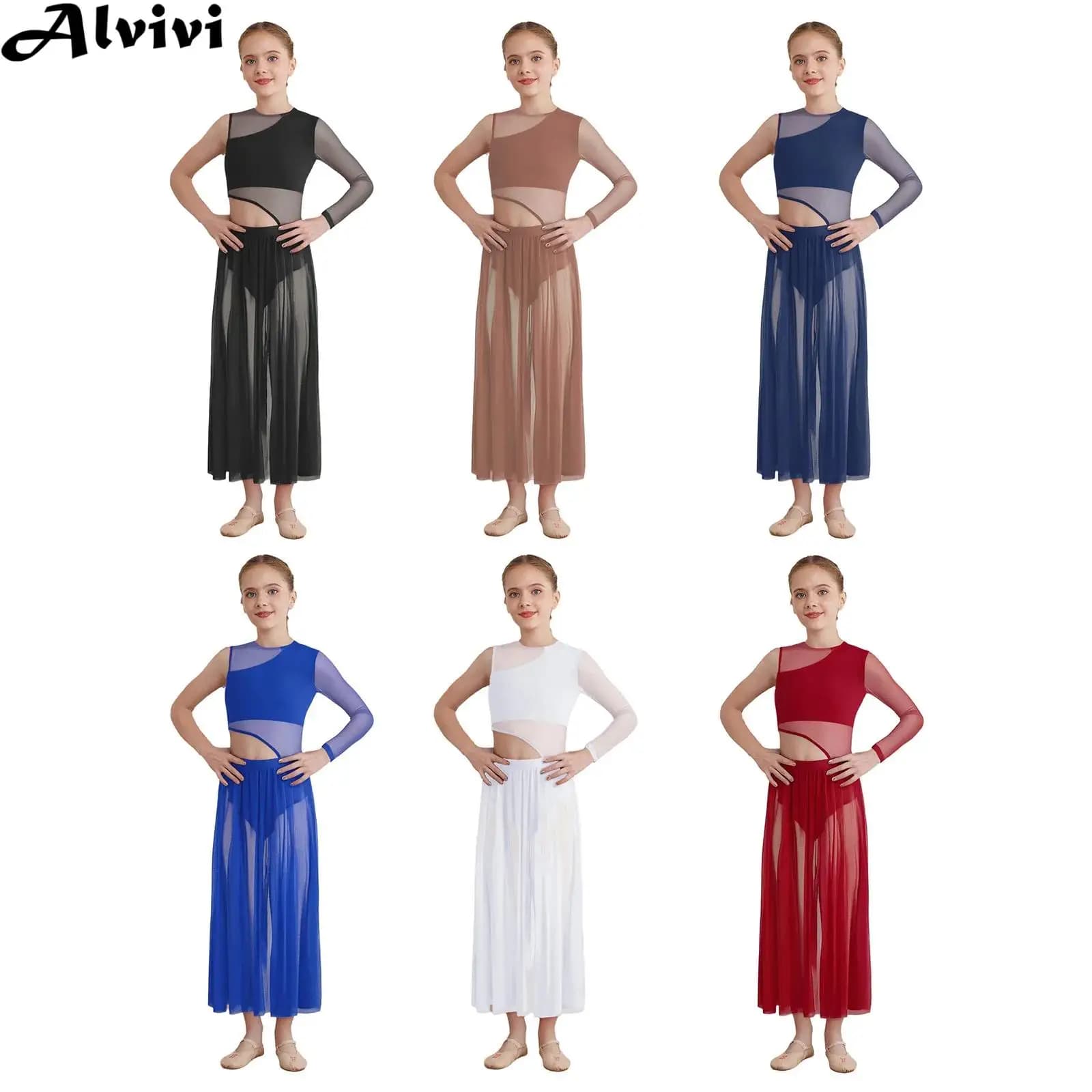 Bambini Ragazze Manica Lunga Maglia Trasparente Ritaglio Moderna Danza Lirica Body Vestito Pattinaggio di Figura Ginnastica Acrobazia Costume