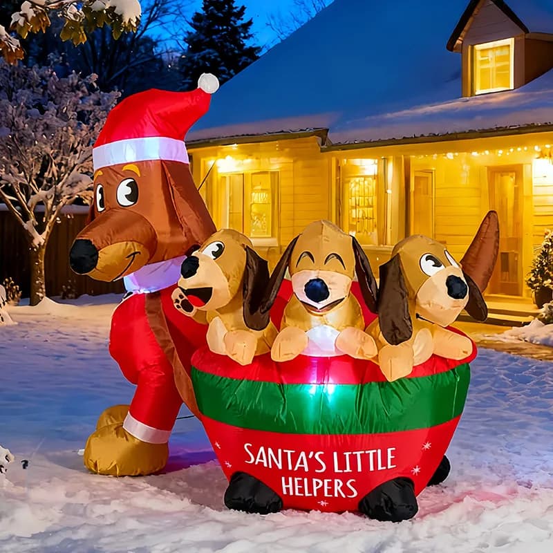 Guinzaglio per cani bassotto natalizio da 1,5 m 5 piedi con tre cuccioli gonfiabili a luce LED ornamento decorativo da giardino esterno
