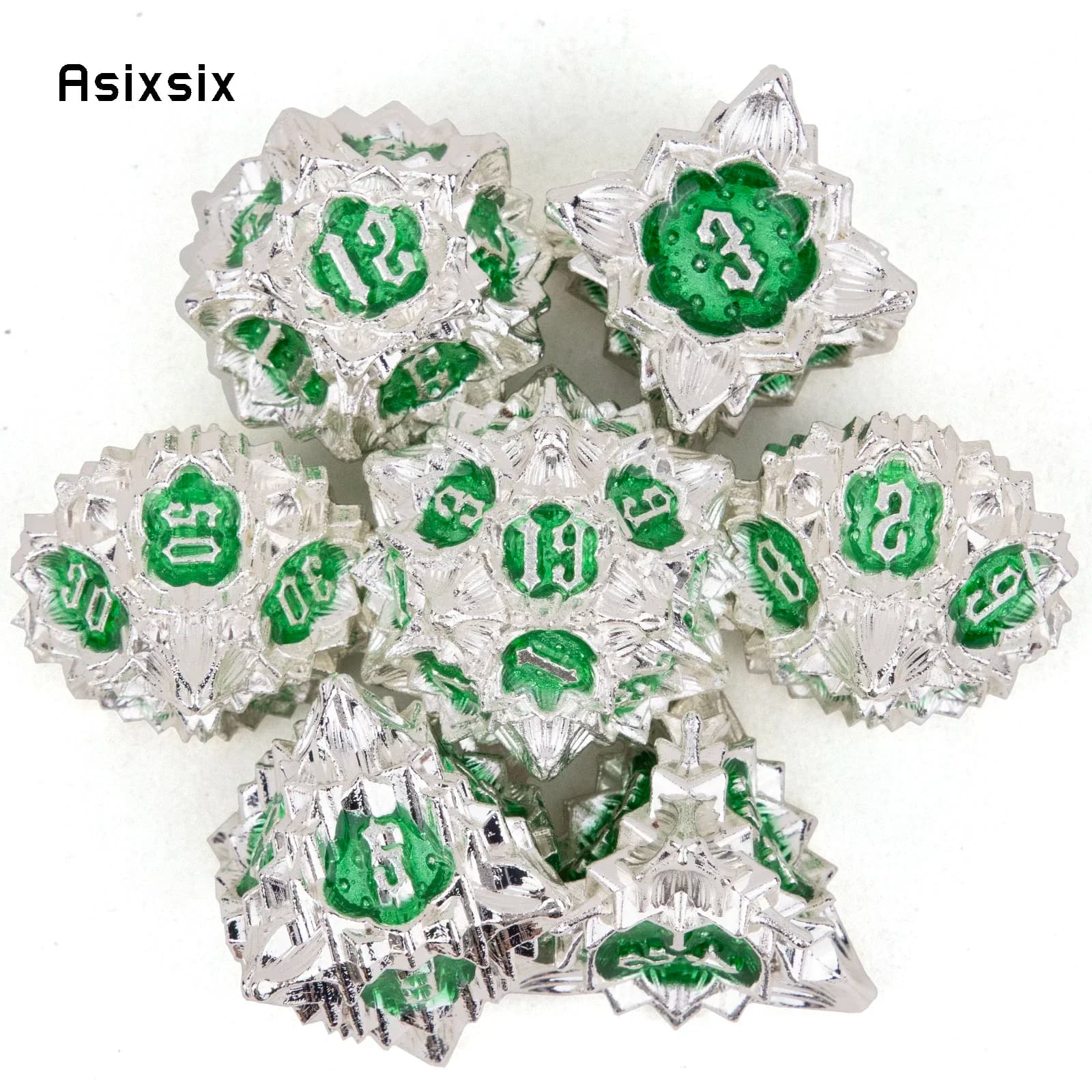Set di 7 Dadi in Metallo a Forma di Fiore di Loto Bianco e Verde, Perfetti per Giochi di Ruolo, Giochi da Tavolo e Giochi di Carte. Dadi per Giochi, Set di Dadi D&D