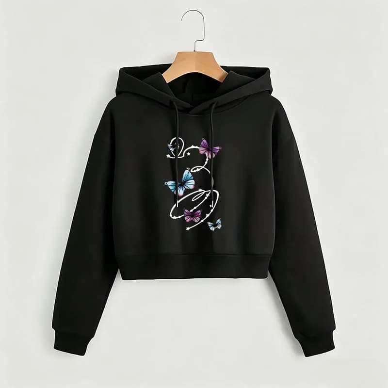 Harajuku Butterfly Print Autumn Winter Cropped Sweatshirt Crop Top Hoodie Y2k Sweatshirts Gothic Casual Style Clothes
