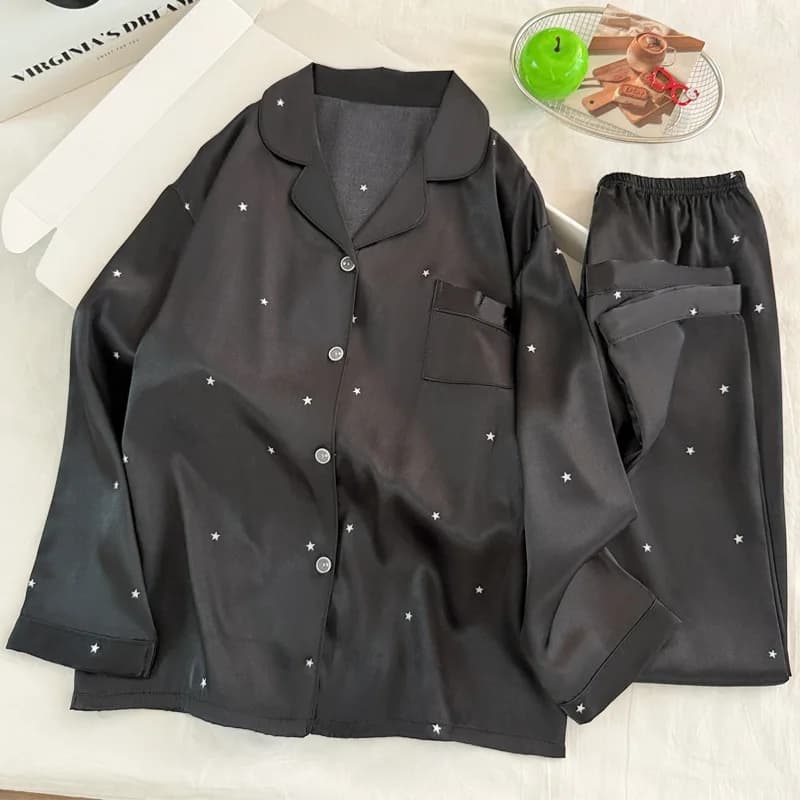 Pigiama di seta di ghiaccio nero semplice alla moda per le donne Primavera e autunno a maniche lunghe sciolto e di fascia alta Sleepwea Homewear