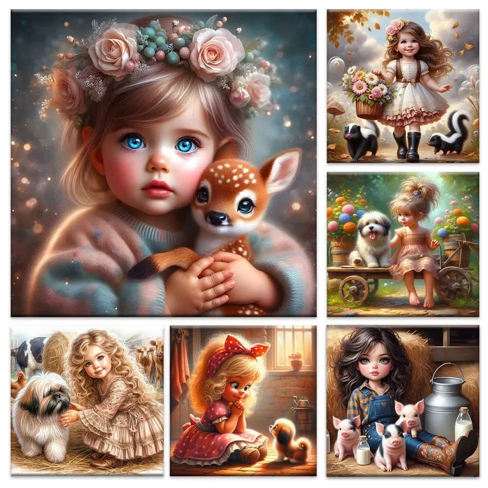 Pittura Diamante 5D, Ricamo a Punto Croce, Bambina e Cane, Fai da Te, Mosaico Completo, Ricamo Animale Cervo Maiale, Quadro Decorazione Casa