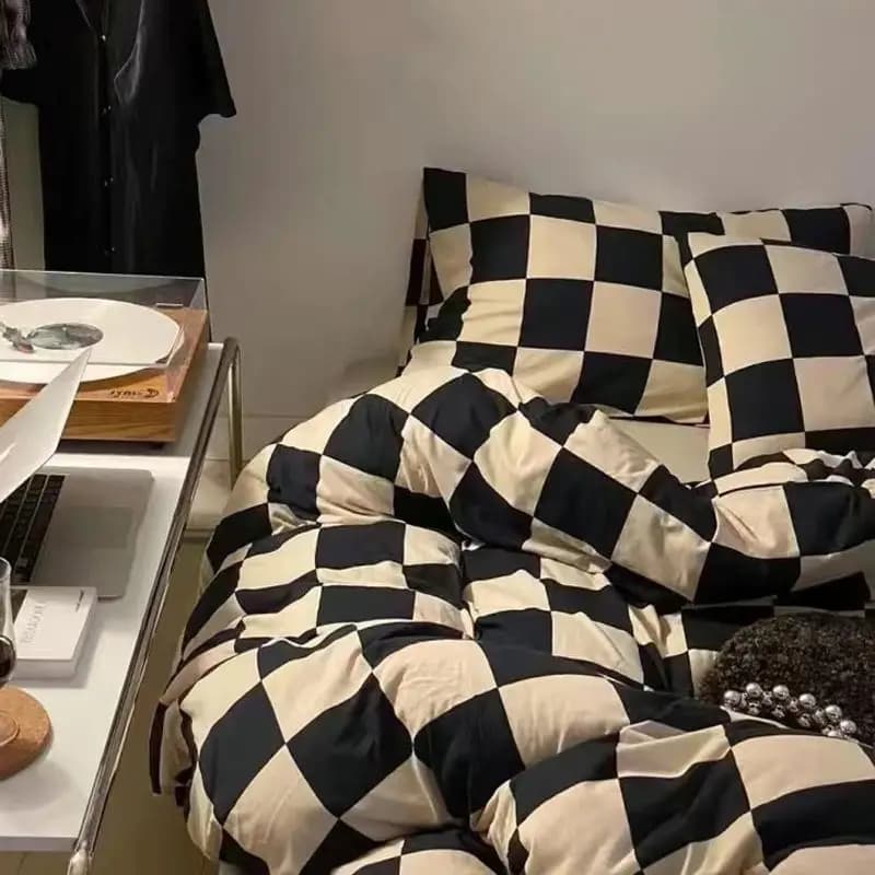 Set biancheria da letto design a scacchiera Copripiumino nero kaki Federa per lenzuolo piatto per la casa degli studenti Totel Letto singolo matrimoniale completo