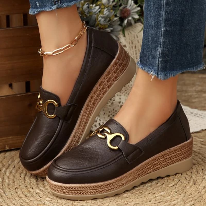 Classical Moccasins with Women's Leather Wedge Pu Moccassini with Fashion Metal Details Woman Comfortable Platform Plus Size 35-43 Women's Shoes