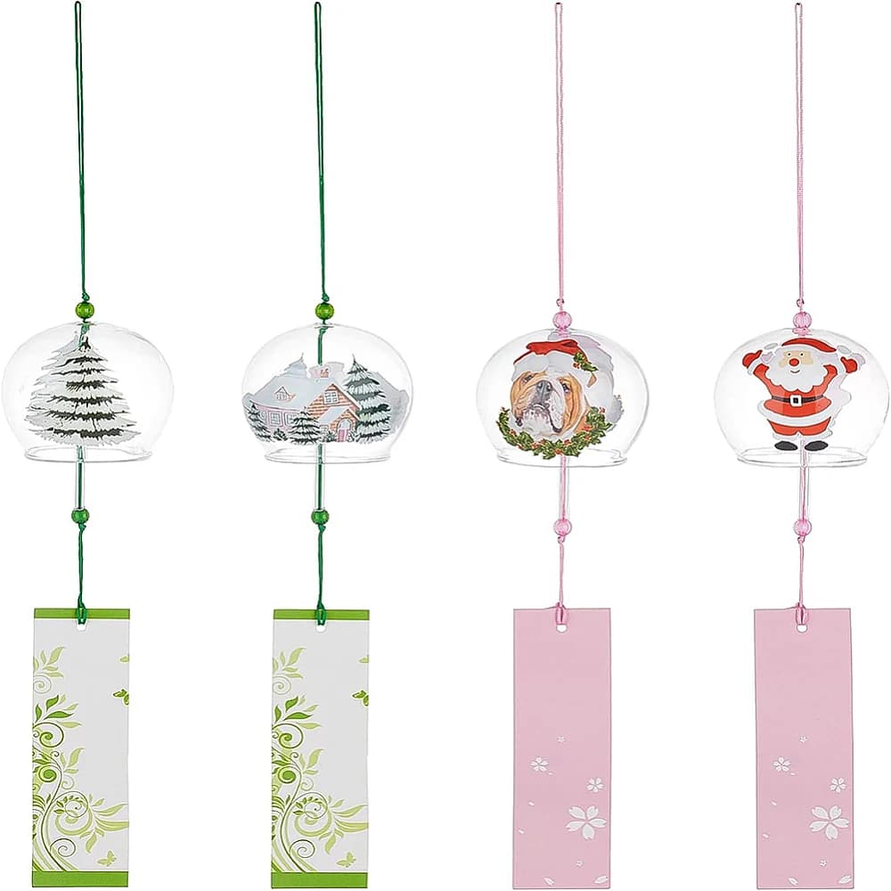 4Pcs 4 Style Wind Chimes Christmas Theme Glass Wind Bells Pendant for Home Garden Wedding Indoor Outdoor Decoration