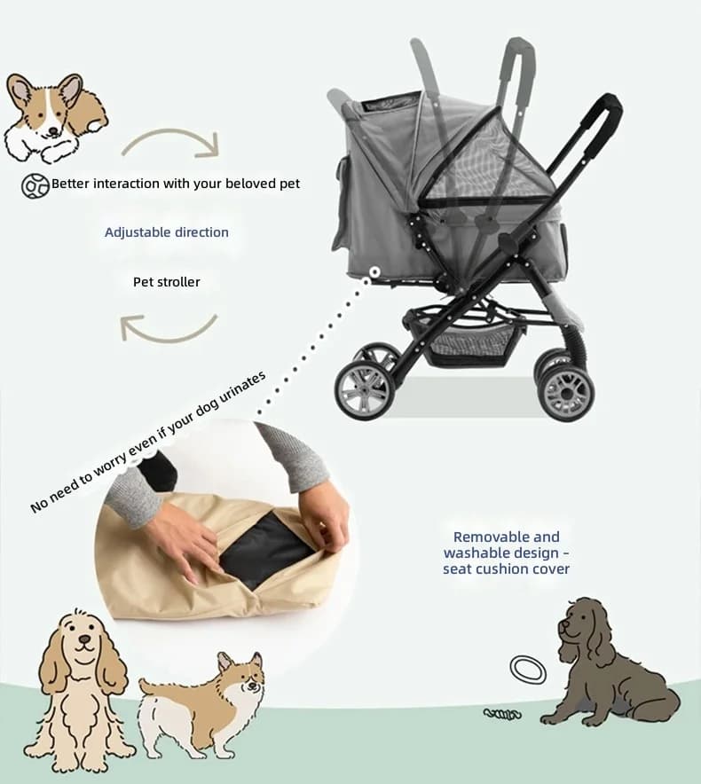 Pet Stroller, Large Space Dog Cat Carrier, Smooth Rolling, Durable Cart, Portable Travel Stroller, Heavy Duty Buggy