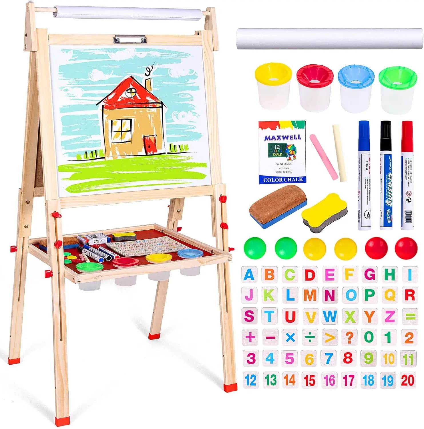 Cavalletto artistico per bambini regolabile con pannello bifacciale, portarotolo di carta per età compresa tra 3 e 10 anni