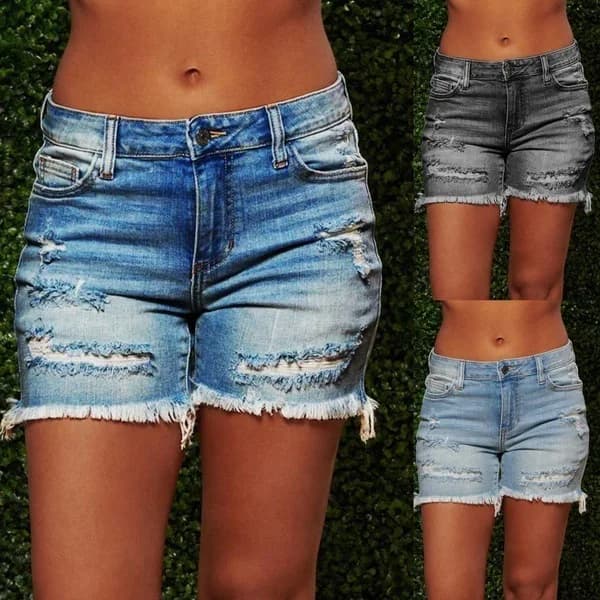 High Elasticity Denim Shorts for Women with Fringe Hole Design Commuter Style Straight Leg Universal Fit Spring Season