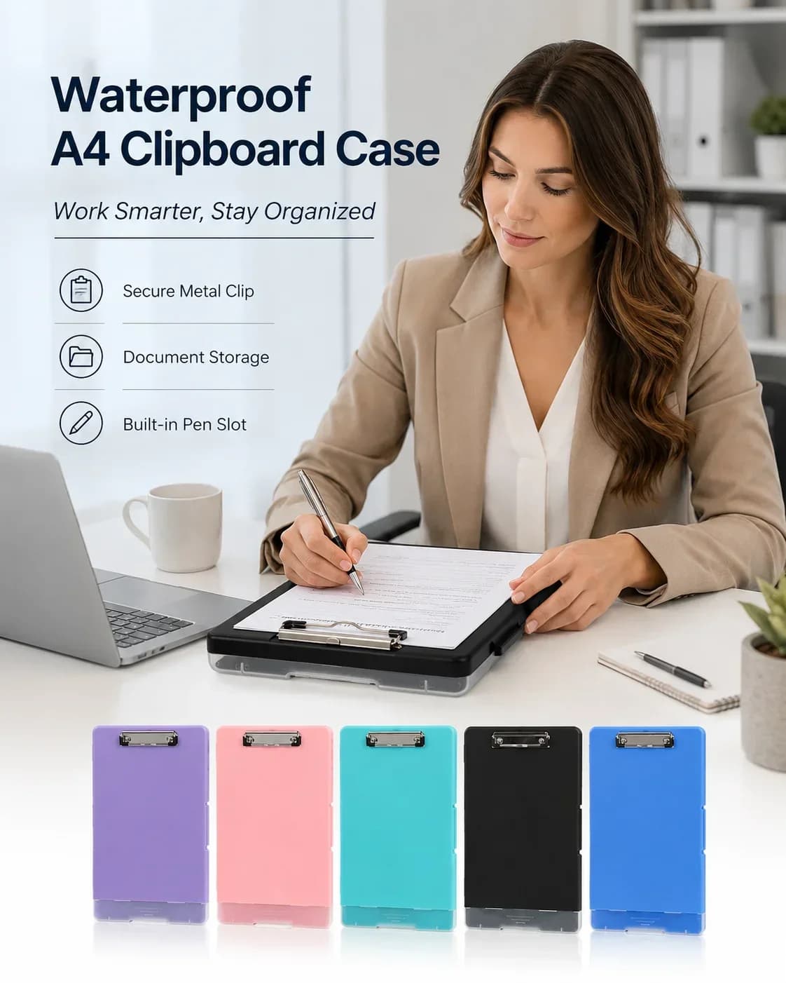 Multifunctional A4 File Box, Clear Desk Document Organizer for Papers, Plastic Writing Board with Clip for Exams
