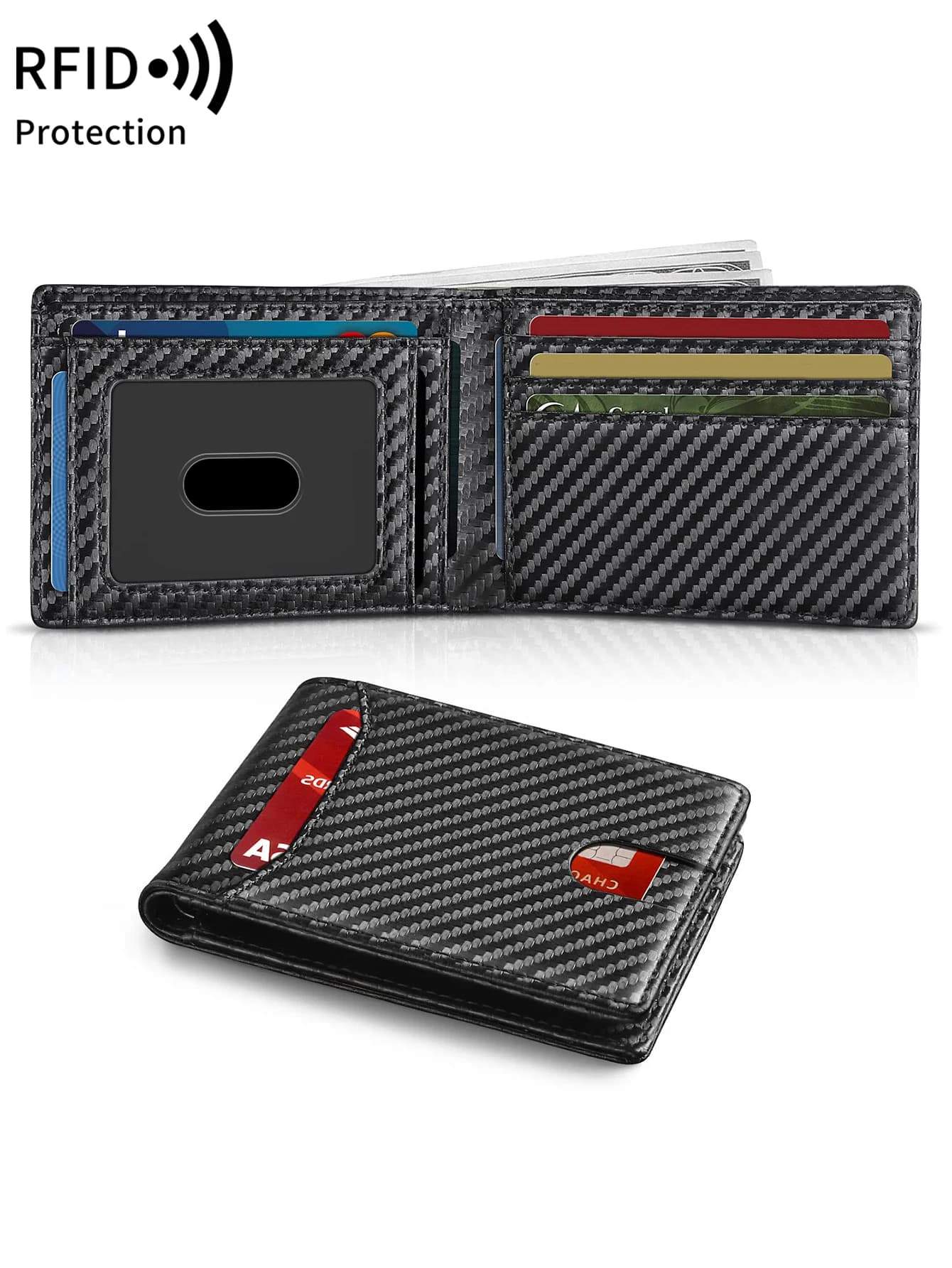 Portafoglio da uomo ultrasottile RFID doppia piega Minimalismo Porta carte ultrasottile con motivo in fibra di carbonio Portafoglio alla moda, con finestra identificativa