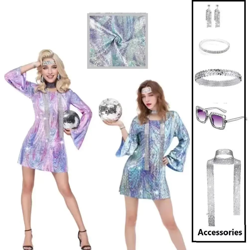 Costume da discoteca anni '70 per donna e accessori: testiera lucida con occhiali da sole, orecchini, collana e bracciale per performance sul palco e feste