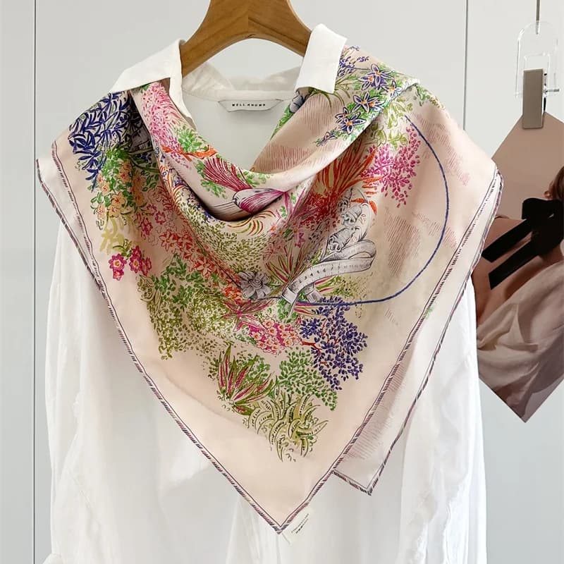 Sciarpa in Seta 100% con Stampe Floreali, Foulard da Donna, Affascinanti Sciarpe in Vera Seta, Scialli 90x90cm
