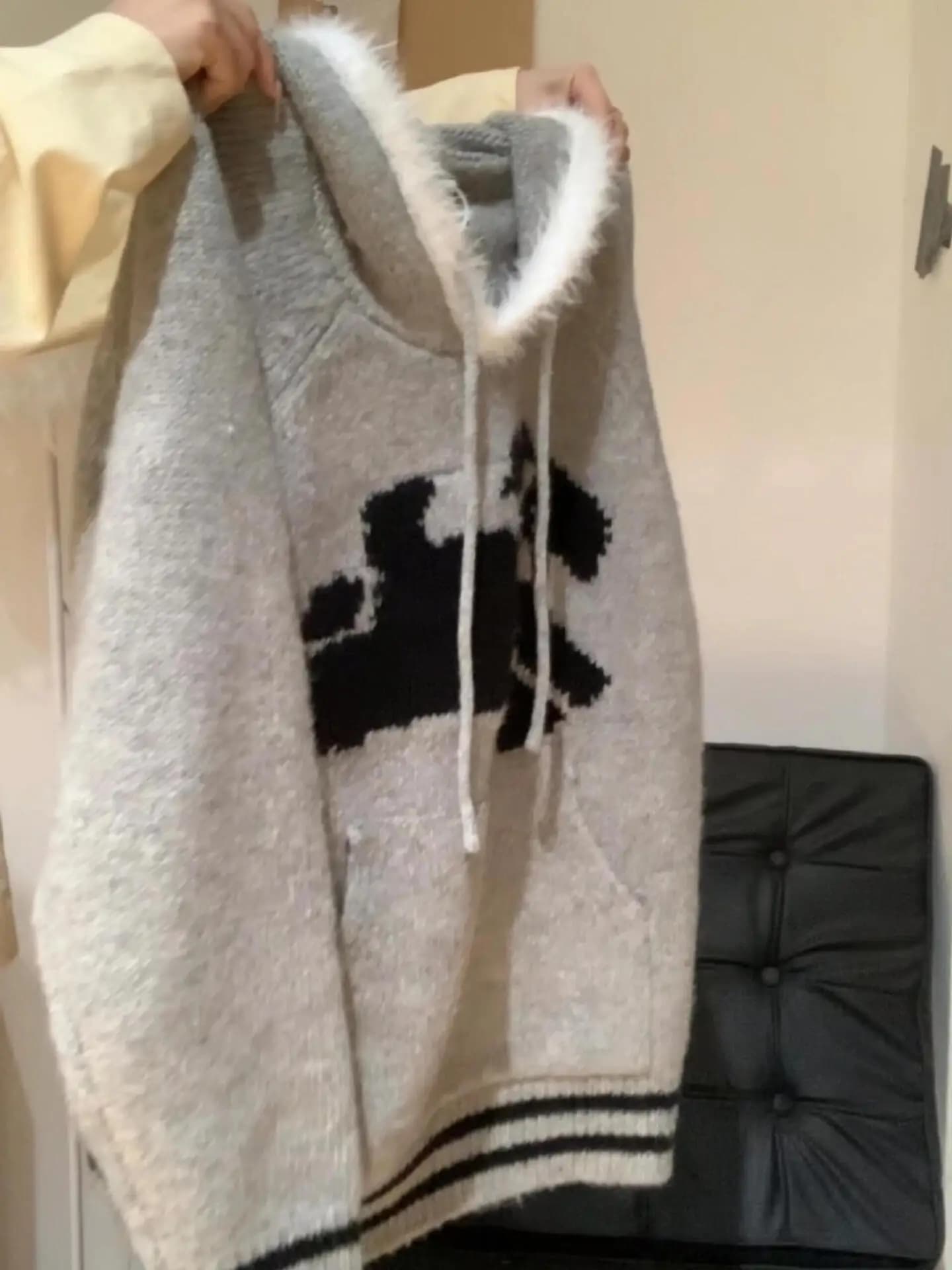 Gray Hooded Knitted Sweater with Fur Collar Women's Autumn Winter Fashion Lazy Style High-End Feeling Dog Pattern Top Sweatshirt