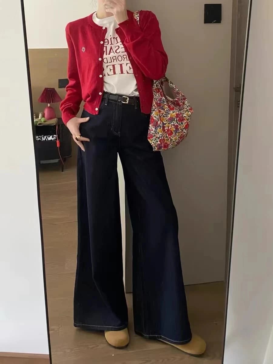 plus Size Deep Blue Denim Jeans Women's Loose High Waist Straight Leg Wide Leg Pants for Pear Shaped Body Spring Autumn