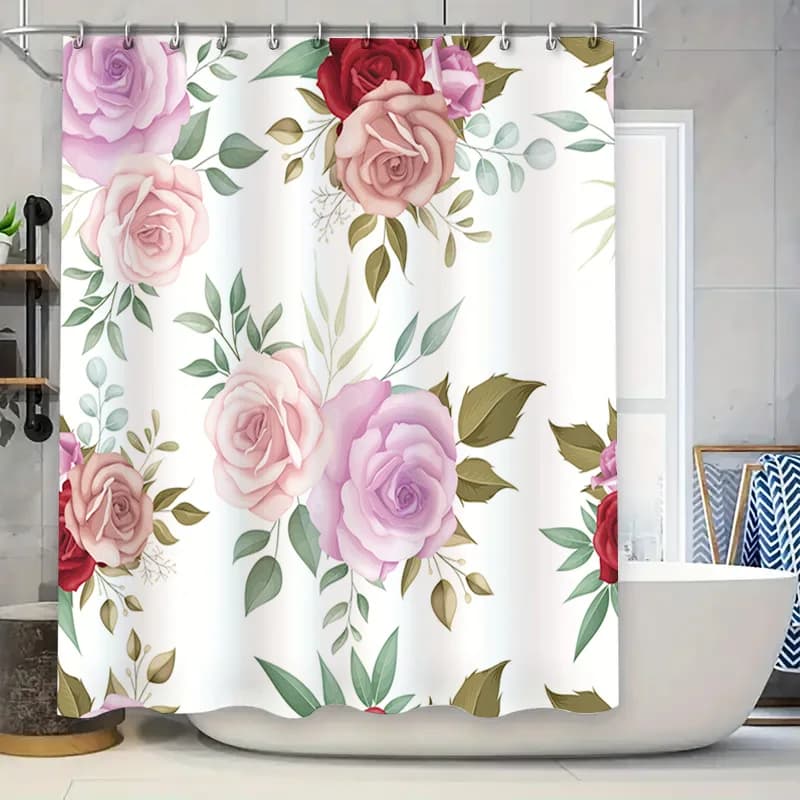 Tenda da doccia con motivo floreale, design con rose rosse e rose per decorazioni da bagno di varie dimensioni