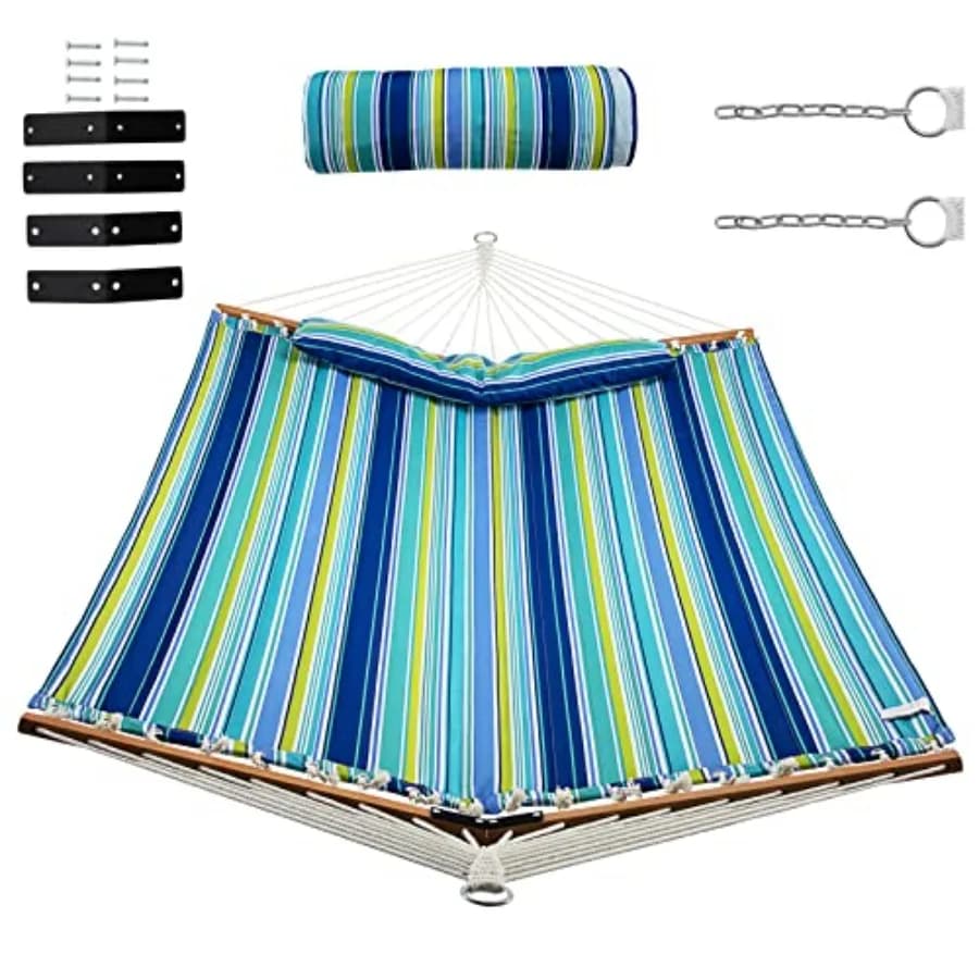 Amaca da campeggio con barra di supporto, cuscino rimovibile, corde in cotone intrecciate a mano, amache da esterno per patio