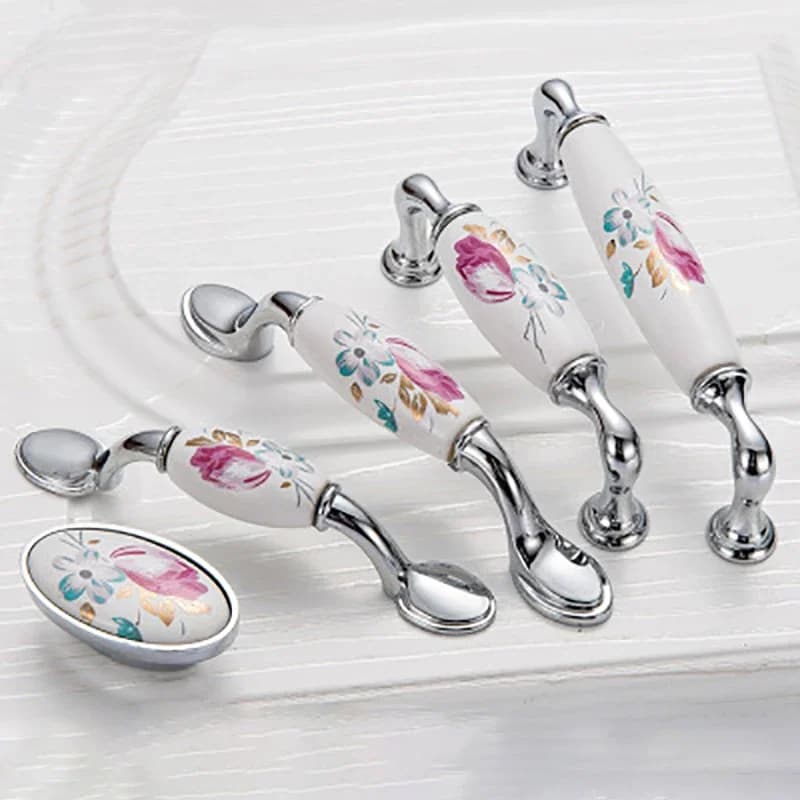 Maniglia per porta in ceramica Tulipano Maniglie per cassetti in argento Maniglie e pomelli per armadietti da cucina con fiori vintage Ferramenta per mobili