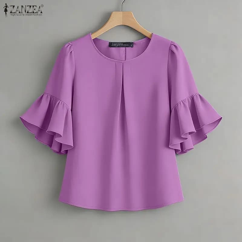 2026 ZANZEA Camicetta Estiva Donna Elegante con Maniche Corte a Volant, Top da Lavoro Casual Tinta Unita, Camicia da Lavoro Plissettata, Tunica Femminile