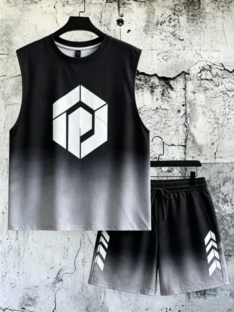 Set canotta e pantaloncini da uomo con stampa geometrica sfumata, abbigliamento sportivo comodo e ampio