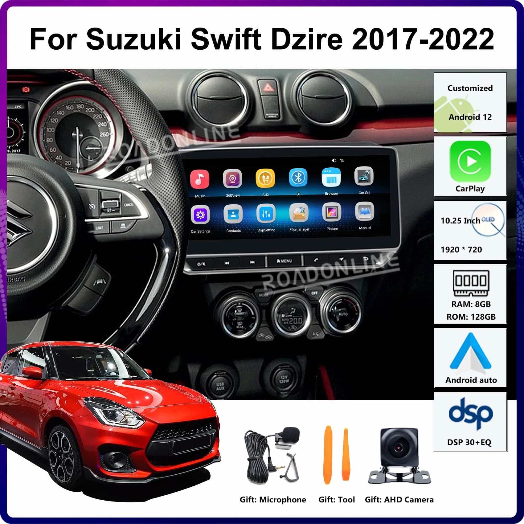 Autoradio Android 14 da 10,25 Pollici per Suzuki Swift Dzire 2017-2022, Ricevitore Multimediale con Navigazione GPS e CarPlay Wireless