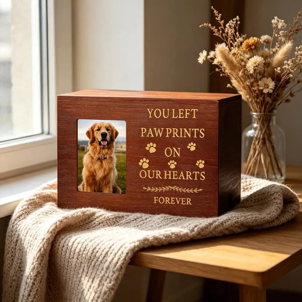 Wooden Pet Urn Solid Wood with Photo Frame Cat and Dog Sympathy Gift Cremation Memorial Box Sacrificial Urn