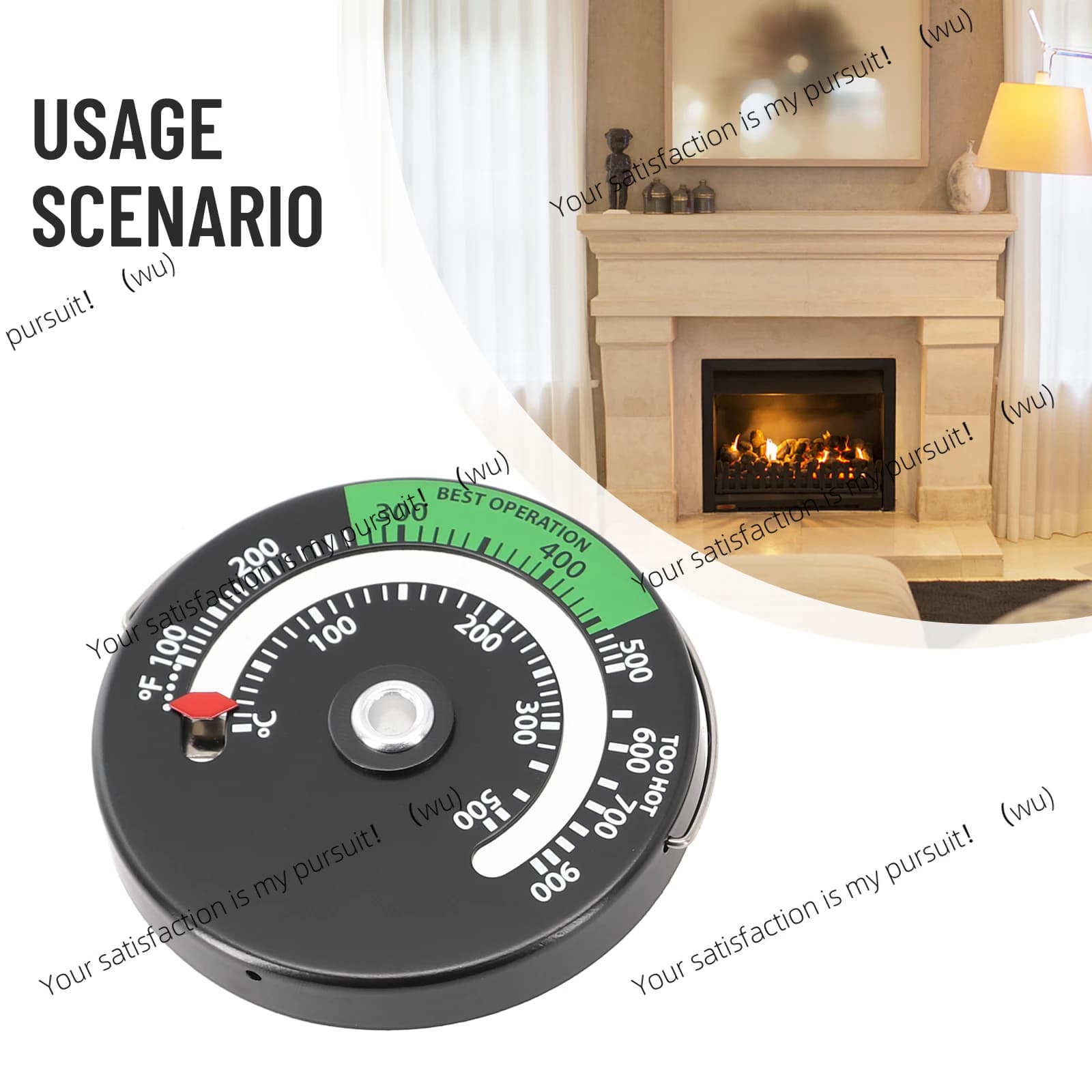 Magnetic thermometer for wood stove for stove combustion indicator with fan for log burner