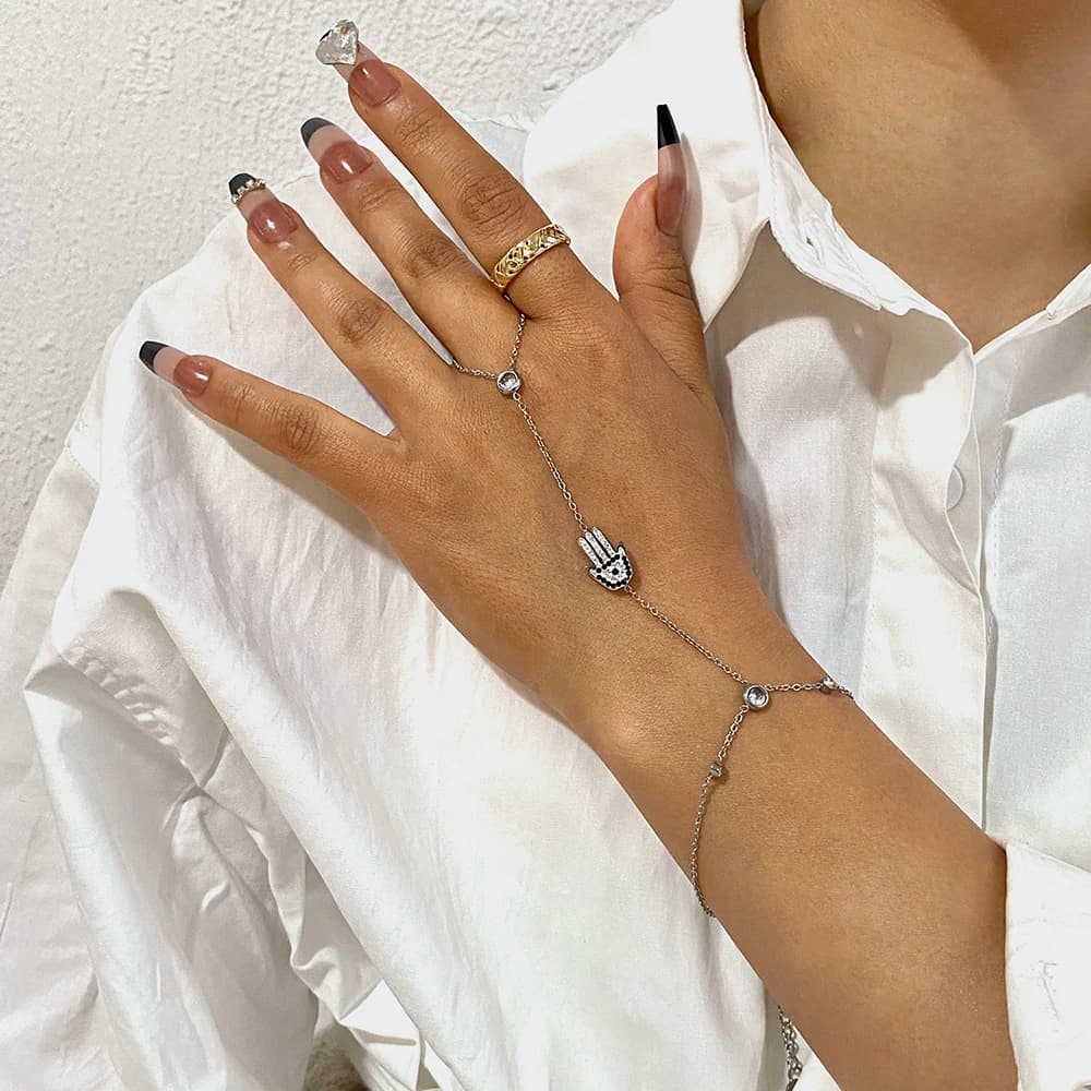 Braccialetti vintage in acciaio inossidabile con catena a mano malocchio Bracciale ad anello per donna Gioielli a mano Boemia Gioielli da spiaggia da viaggio estivi
