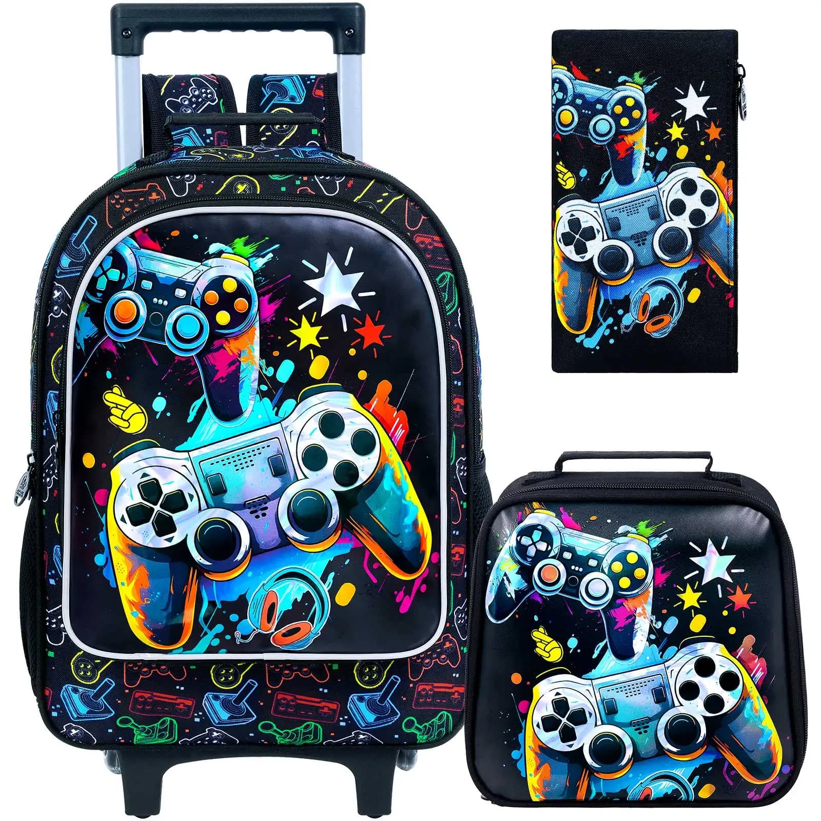 3Pcs Kids Gaming Controller Trolley Backpack Set, Boys Graffiti Print Wheeled School Bag with Lunch Box & Pencil Case