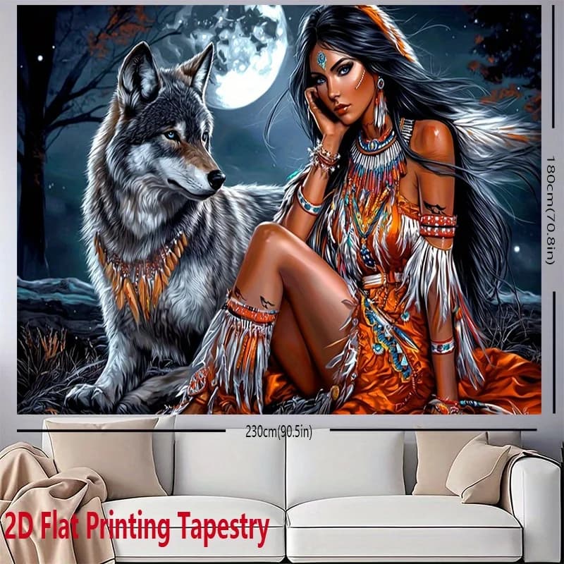 Bohemian Wolf Woman Tapestry Fantasy Forest Mythological Digital Print Wall Hanging Boho Aesthetic Polyester Home Decor Art