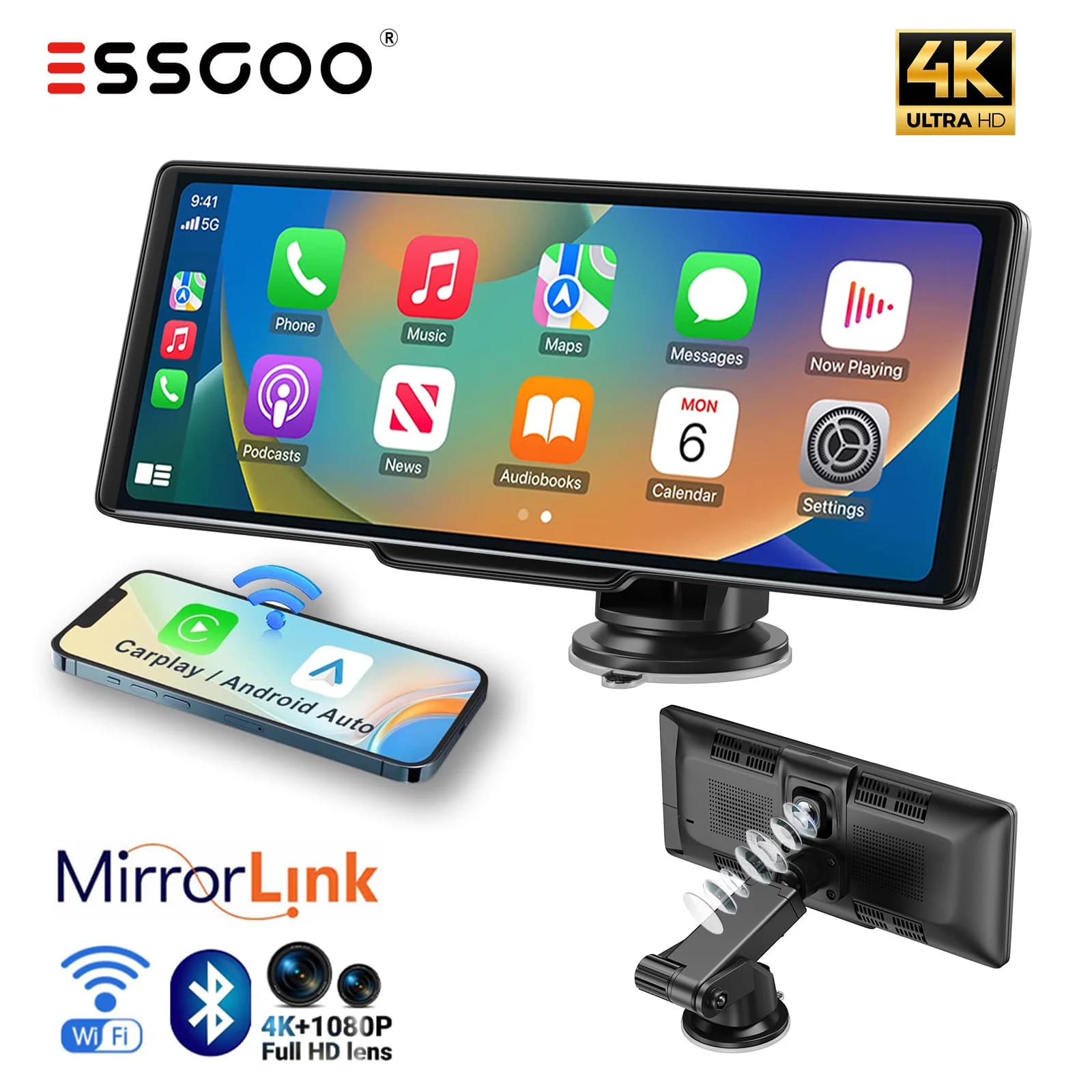 ESSGOO Dash Cam 10,26 4K DVR Wireless with Carplay and Android Auto, Dual Objective (Anterior and Rear), Video Recorder, Autoradio WiFi Bluetooth