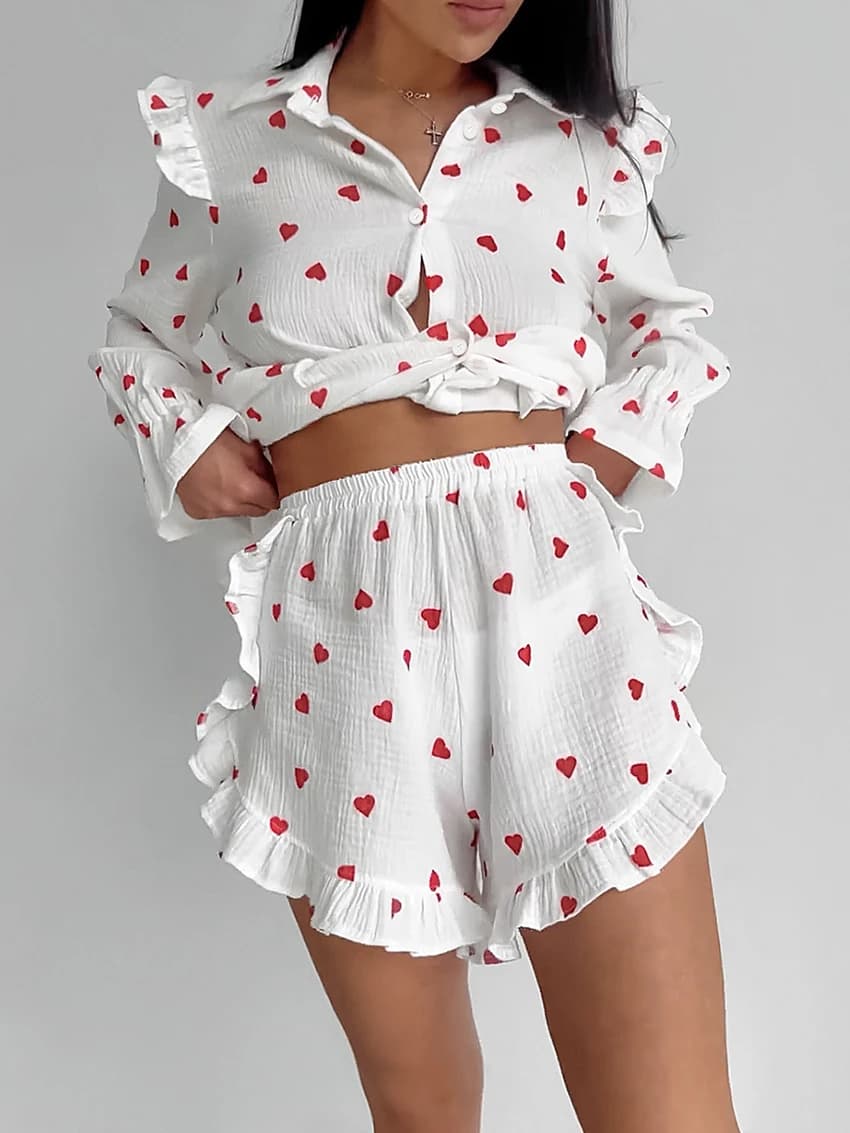 Marthaqiqi Homewear Women's Collection Overturned Pigiama Long Sleeve Night Shorts Print Women's Nightwear Dress 2 pieces