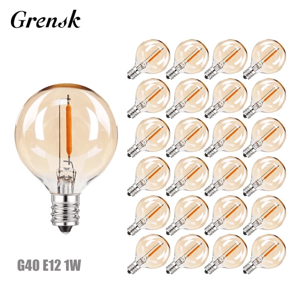 25 pz G40 Led Lampadine di Ricambio 220 V 1 W Ambra Globo Ampoule Adatto E12 o C7 Candelabro Vite Prese per Patio Luce Della Stringa