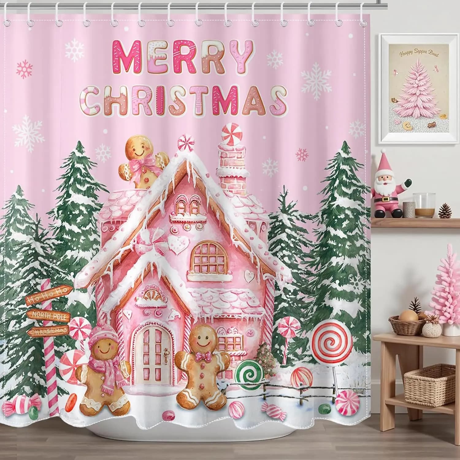 Tenda da doccia rosa con pan di zenzero natalizio Tenda da doccia carina con casa di pan di zenzero per decorazioni natalizie rosa per il bagno impermeabili