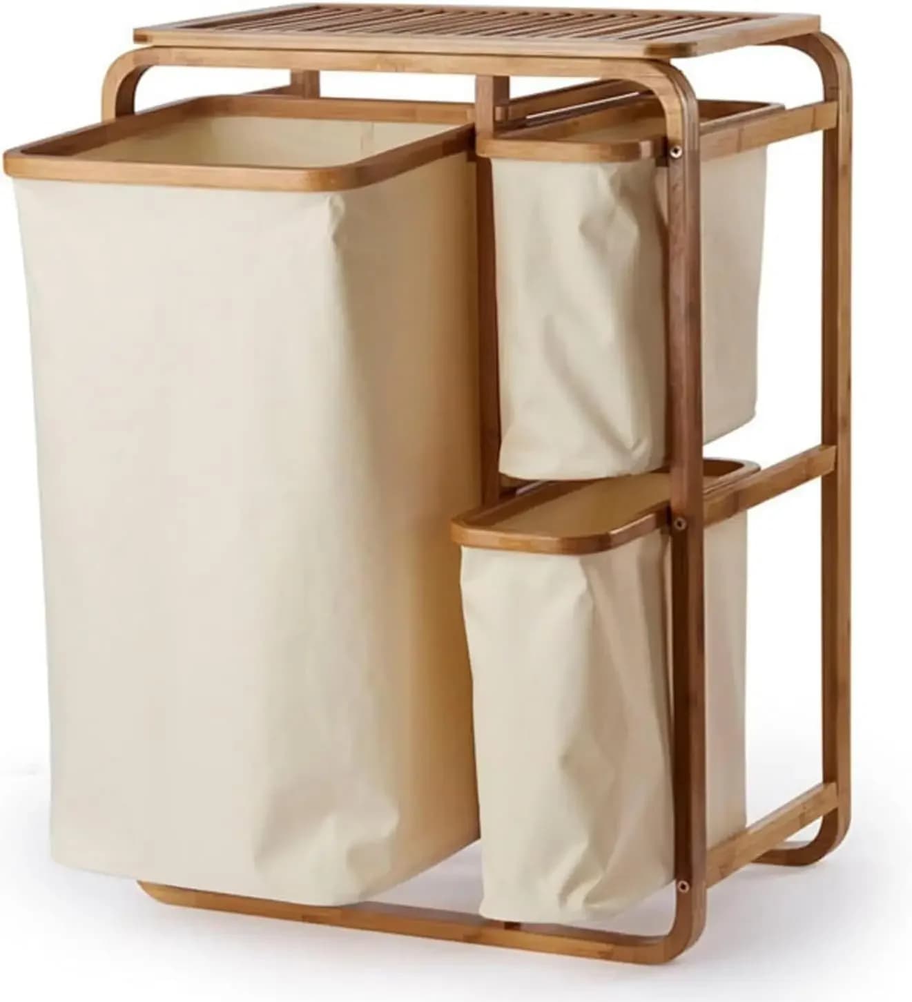 Laundry Basket, 3 Gird Bamboo Laundry Hamper with 3 Collapsible Pull-Out Laundry Bags, Bamboo Dirty Clothes Organizer, Stable Fr