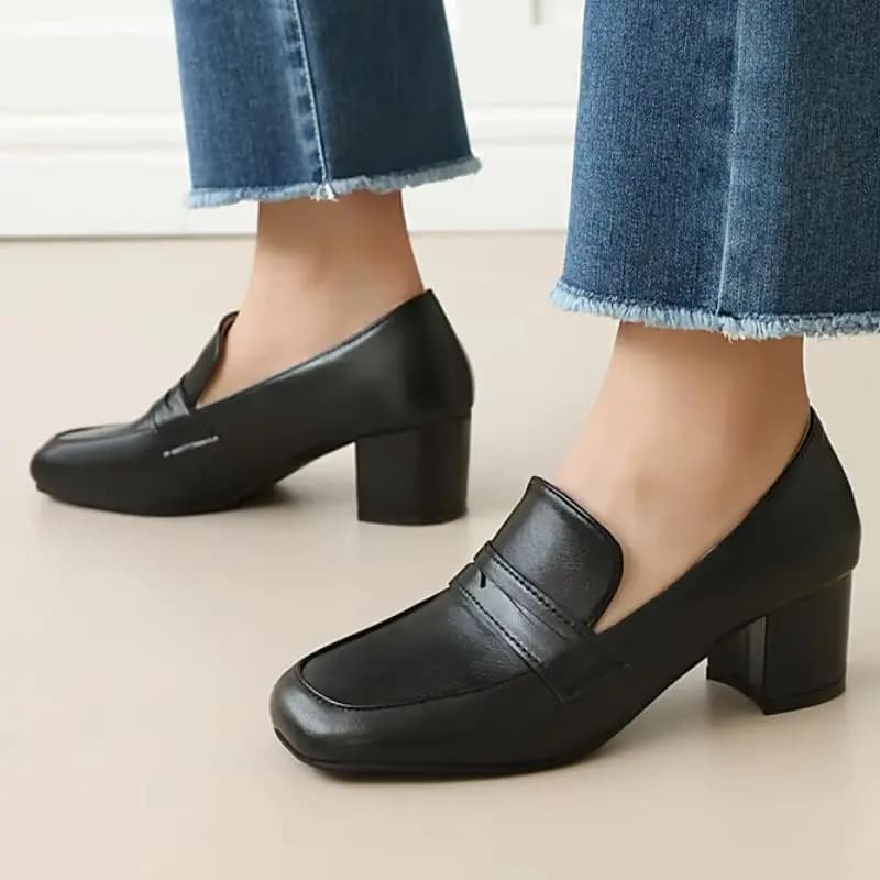 Women's Medium Heels Loafers Shoes Big Size 45 Fashion Square toe Elegant Block Heeled Wedding Dress Footwear Shoes Lady