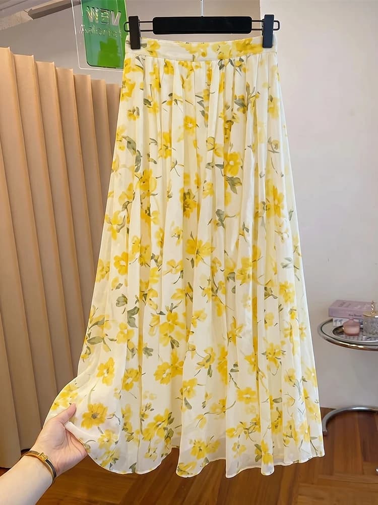 Elegante gonna lunga estiva a vita alta con stampa floreale gialla, linea ad A, snellente, delicata e romantica, moda donna