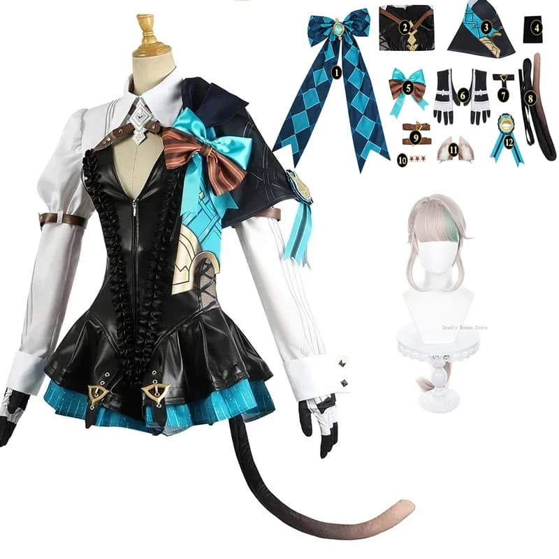 Genshin Impact Lynette Costume Cosplay parrucca adesivi per tatuaggi fondotinta nuovo ruolo mago gioco Anime abiti da festa di Halloween