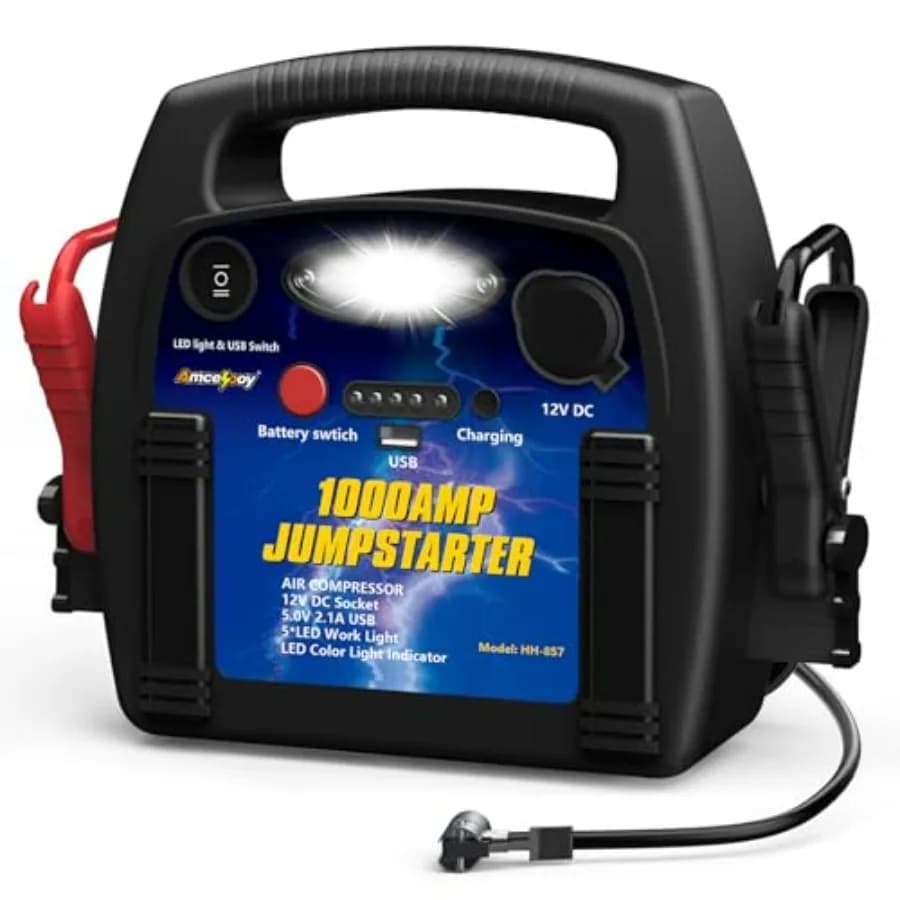Avviatore di Emergenza per Auto da 1000 Amp con Compressore d'Aria, Batteria 12V al Piombo-Acido, Gonfiatore Pneumatici 260PSI, Power Bank da 12000mAh