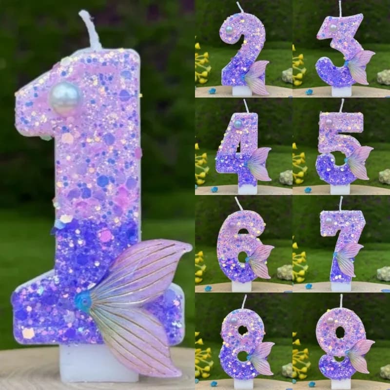 Glitter Purple Gradient Mermaid Tail Number Candles 0-9, Pearl Decor Birthday Cake Candle for Girls Birthday Party Decor