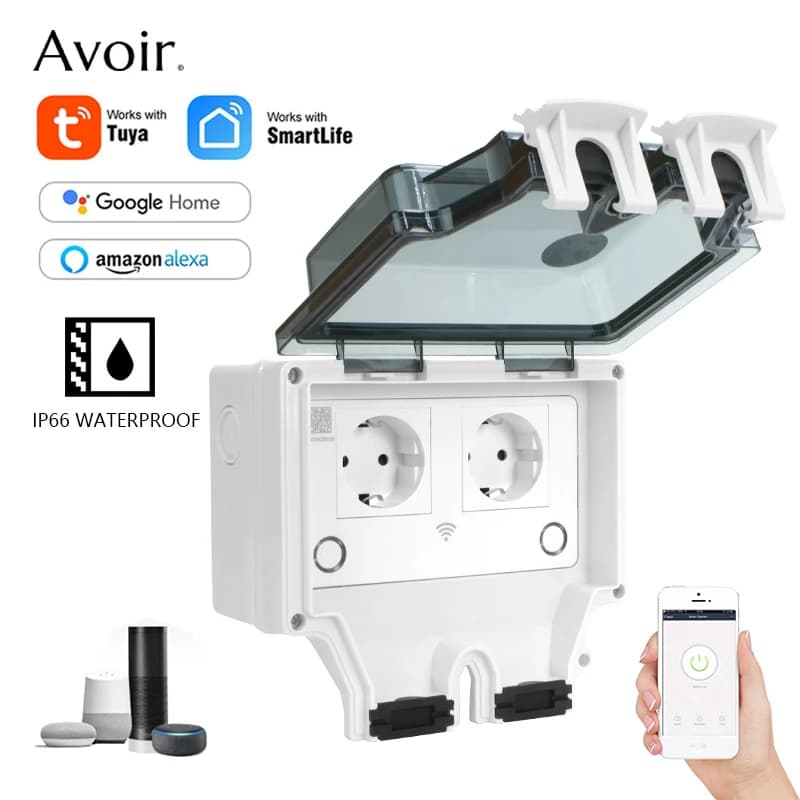 Avoir Tuya Prese elettriche impermeabili IP66 Spina europea standard Doppia ricarica USB Wifi Smart Life Presa di corrente esterna con timer