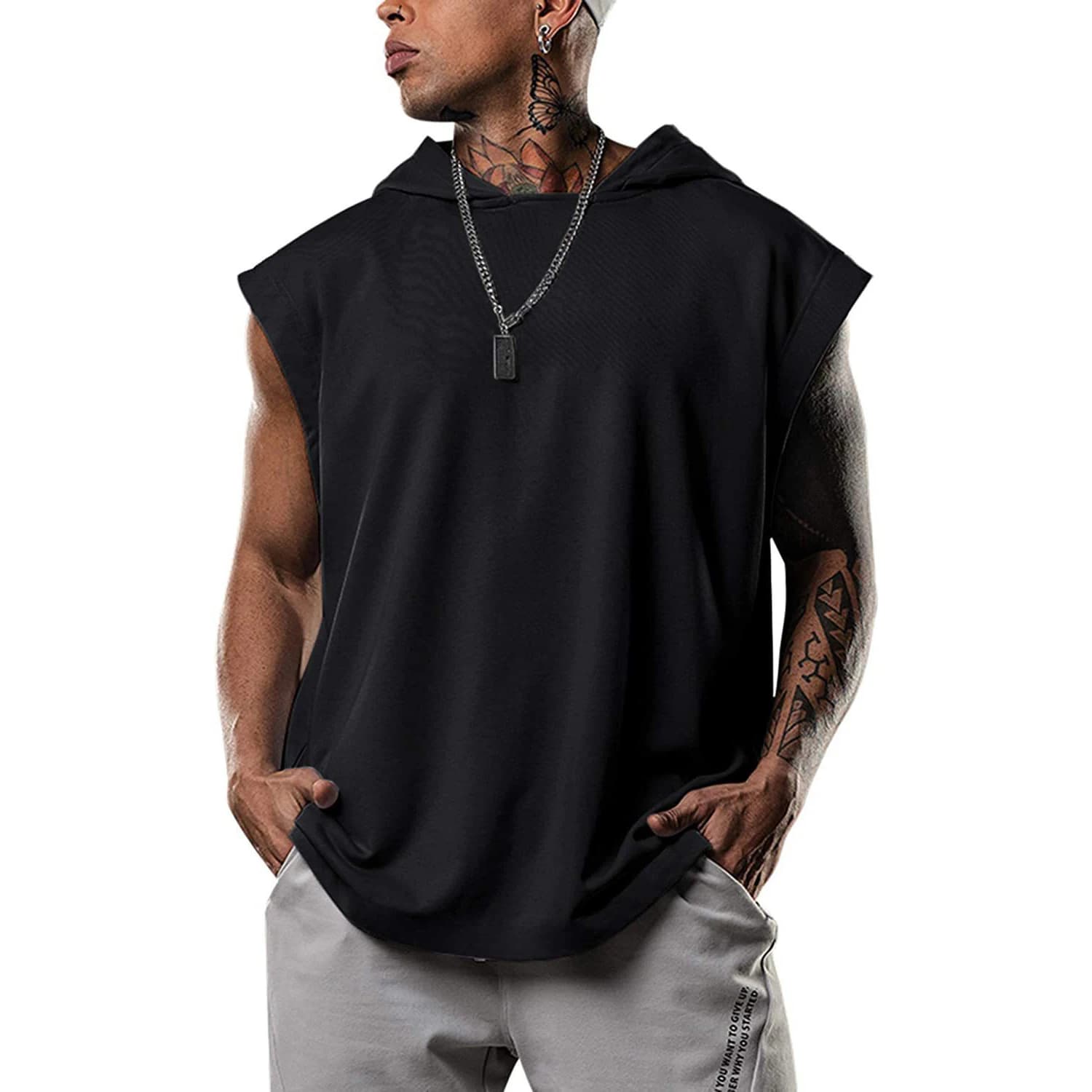 Canotta da uomo 2026: Pullover fitness, moda tempo libero, gilet con cappuccio tinta unita per uomo