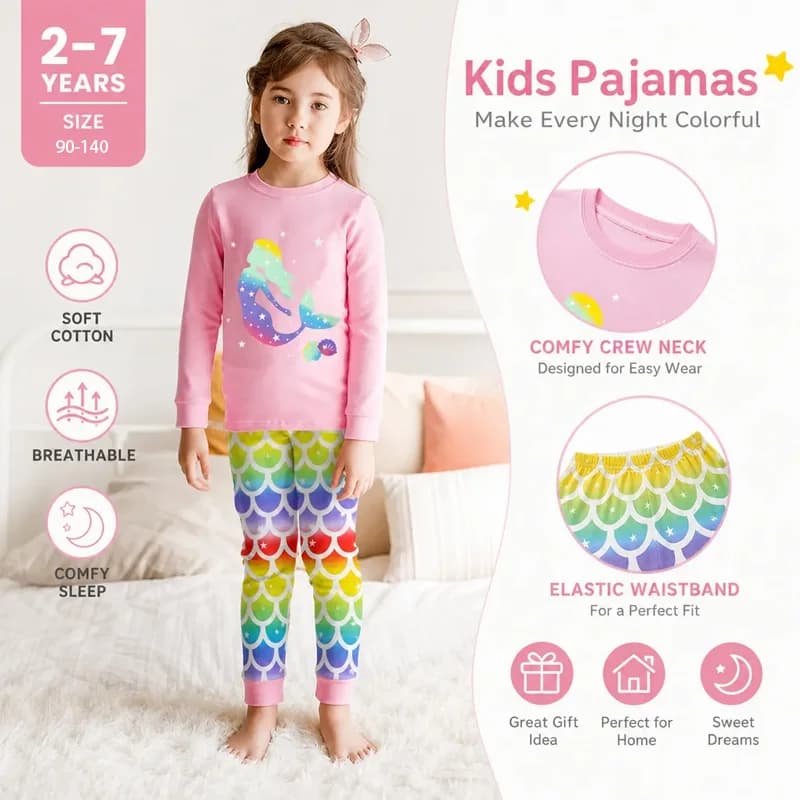 Little Hand Girls Pajamas Mermaid Cotton Pjs Jammies Fall Winter Long Sleeve Sleepwear Sets for Toddler 2-7T