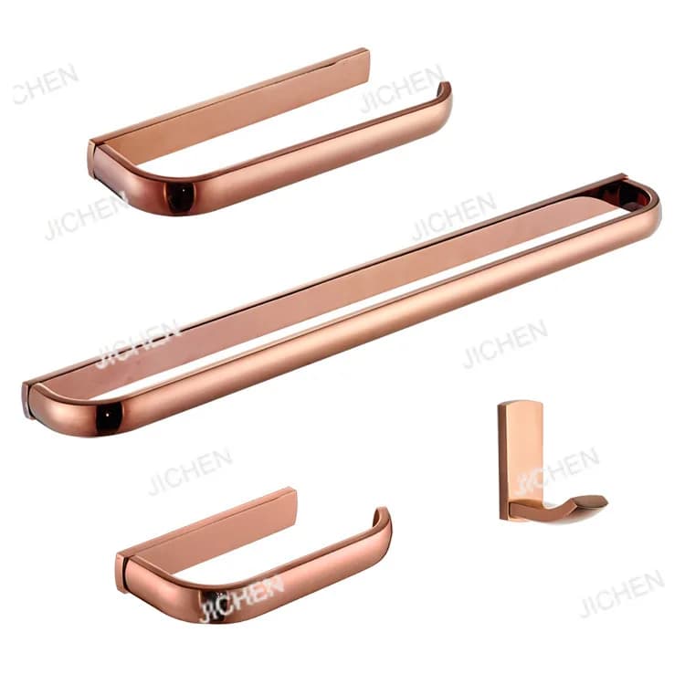 Set di accessori per il bagno in oro rosa, quattro pezzi: portasciugamani, anello portasciugamani, porta rotolo di carta igienica, gancio appendiabiti, set quattro in uno.
