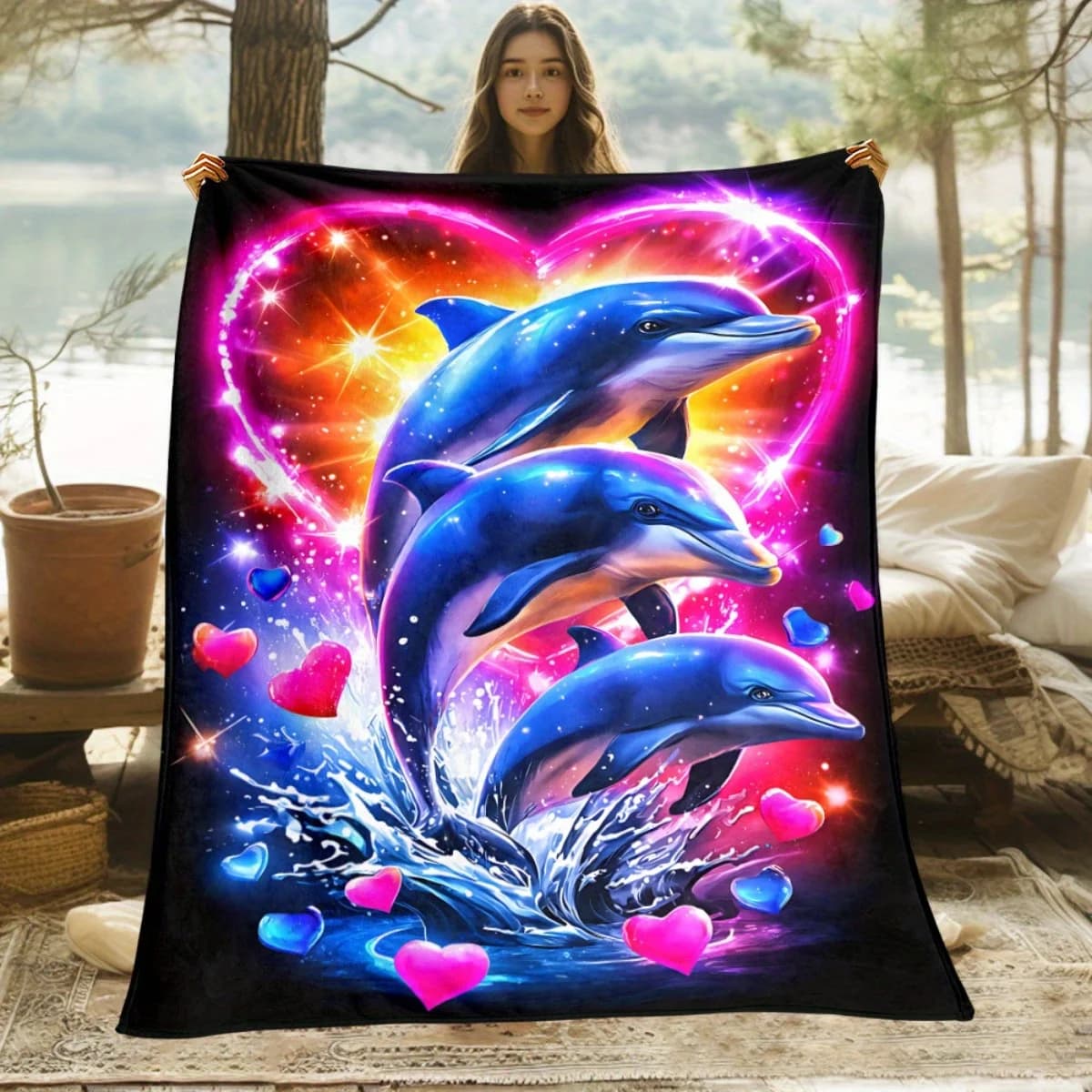 Coperta stampata HD con cuore di delfini, 1 pezzo - Morbida e calda in flanella per viaggi, campeggio, divano, soggiorno, poltrona, letto, regalo