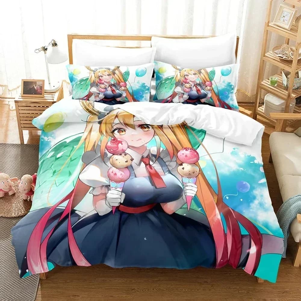 Set di Biancheria da Letto Miss Kobayashi's Dragon Maid, Copripiumino Stampato con Federe, Misure Full, Queen, King, per Camera da Letto